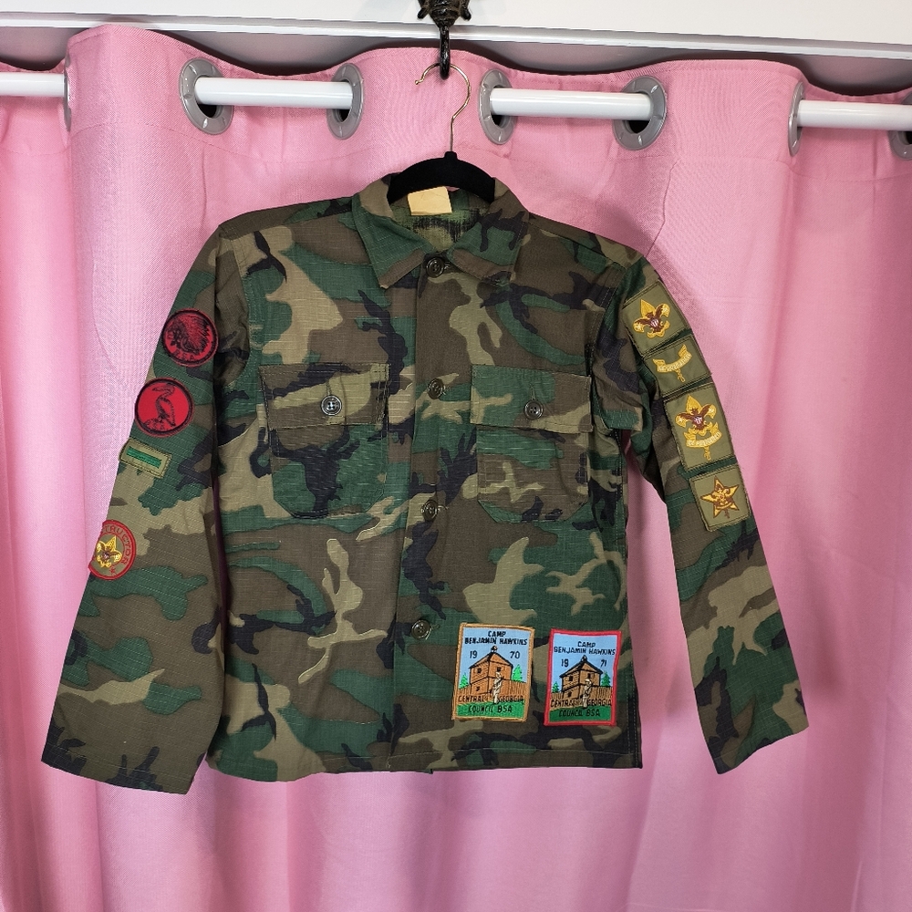 Camo Vtg BSA Boy Scouts Long Sleeve Shirt Youth Sz Small Embroidered Patches